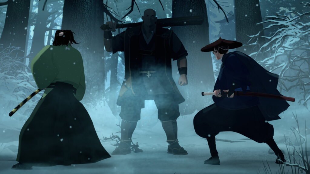 Mizu draws her sword against a swordsman in the snow in Blue Eye Samurai