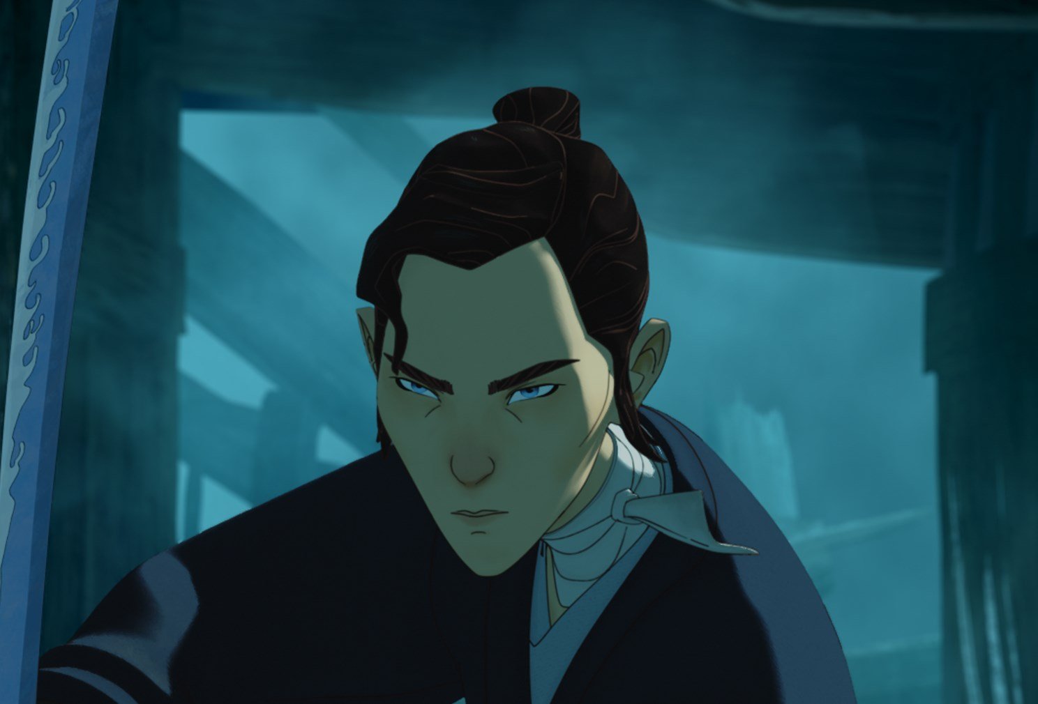 Mizu below decks with her meteorite-forged blade in Blue Eye Samurai season 2