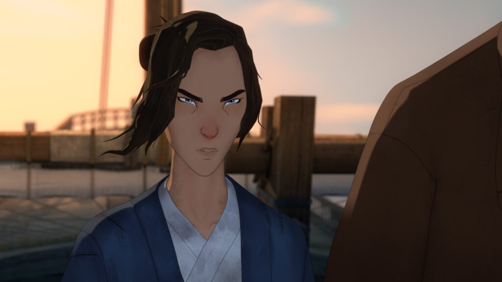 Mizu on the dock at sunset in a Blue Eye Samurai season 2 first look image