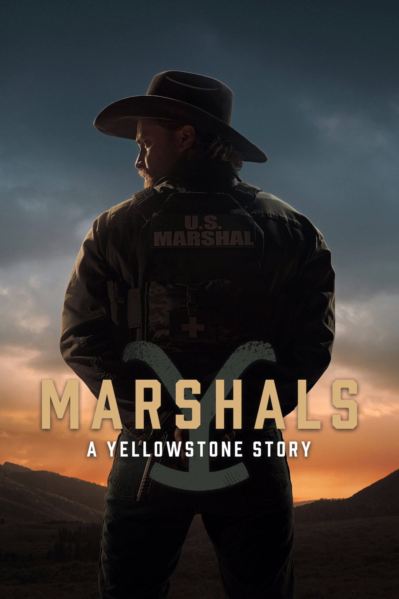 Official Marshals poster subtitled A Yellowstone Story with the Yellowstone Y brand behind Kayce Dutton
